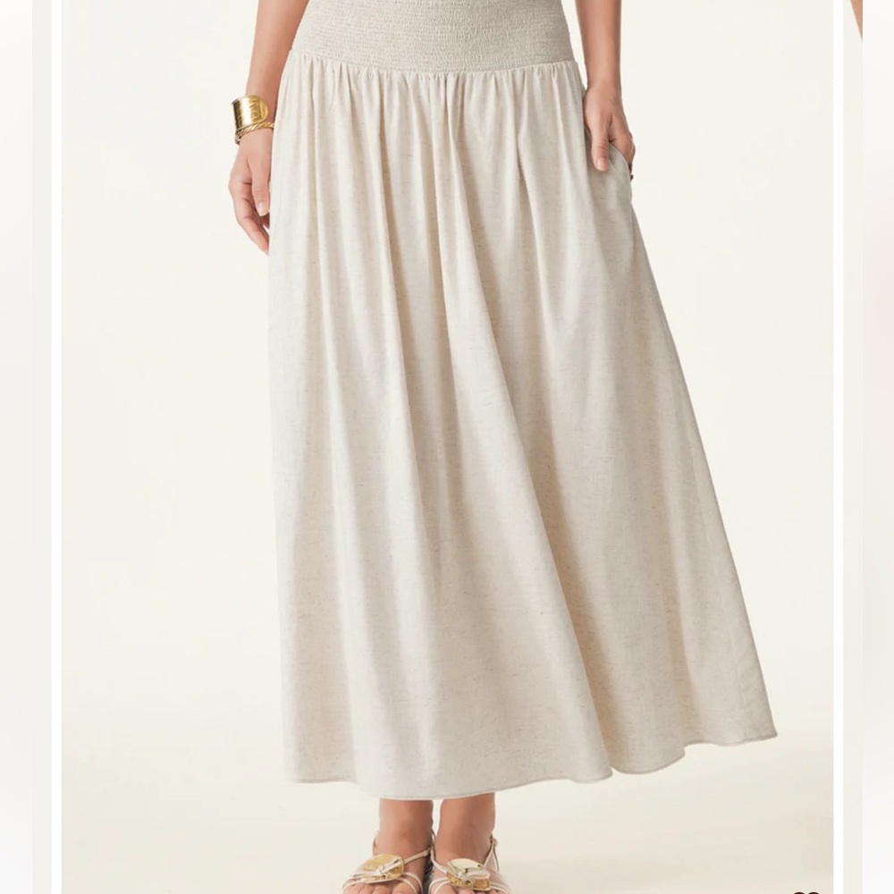 OGL Beige Linen Flow Long Maxi Skirt With Pockets Elastic Waist Lined Effortless - Picture 8 of 14